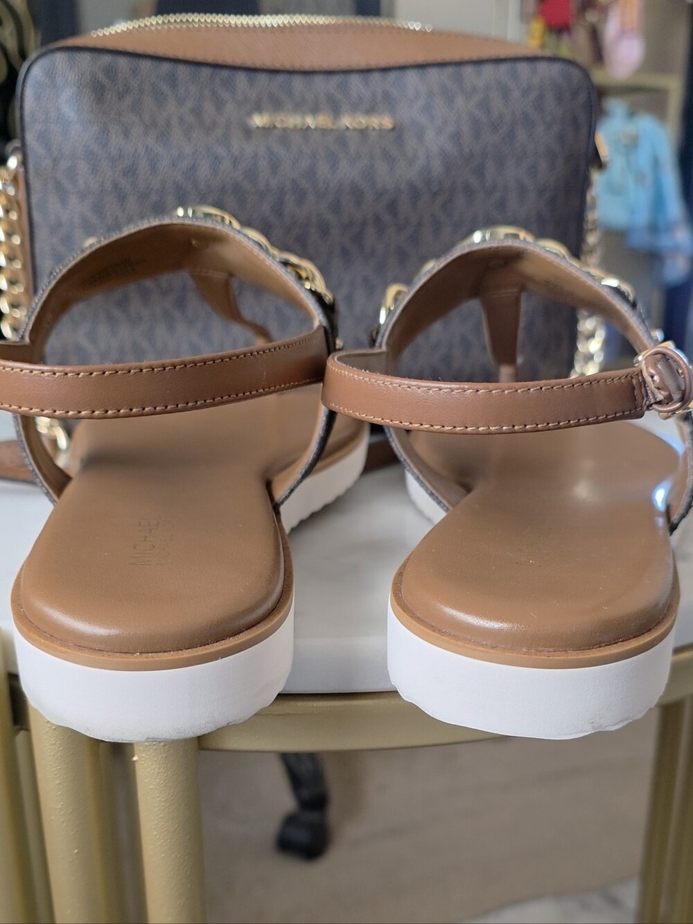 Michael Kors Brown Logo-Print Thong Sandals with Gold MK Accent - Picture 9 of 10